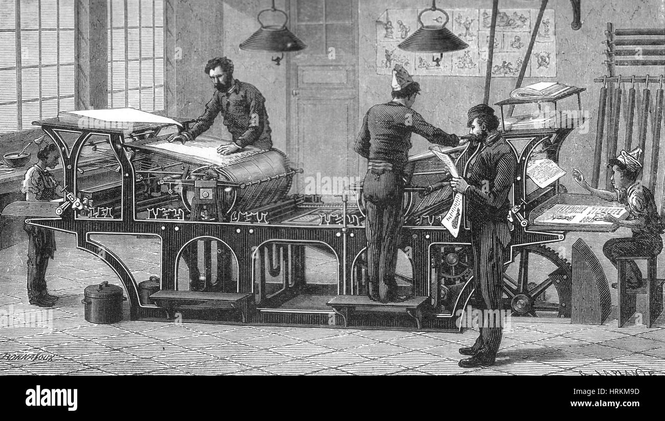Steam Powered Printing Press, 19th Century Stock Photo