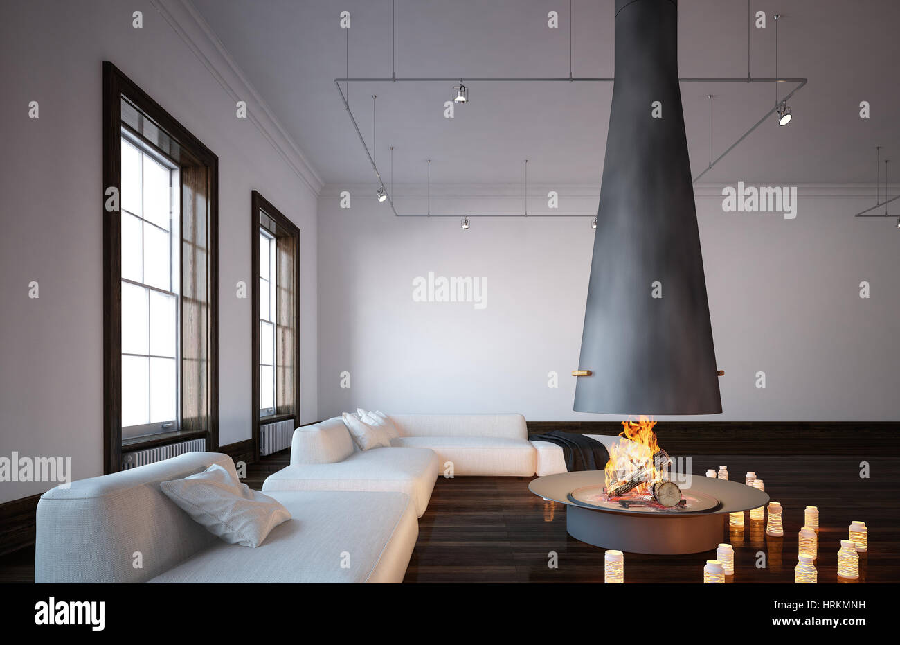 Fireplace With Hanging Chimney In Spacious Living Room With