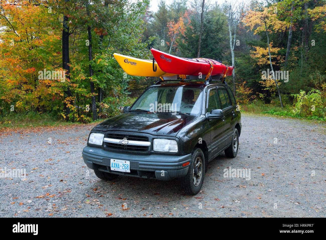 Two kayaks mounted on the roof of an SUV (Chevrolet Tracker) in autumn. Ontario, Canada. Stock Photo