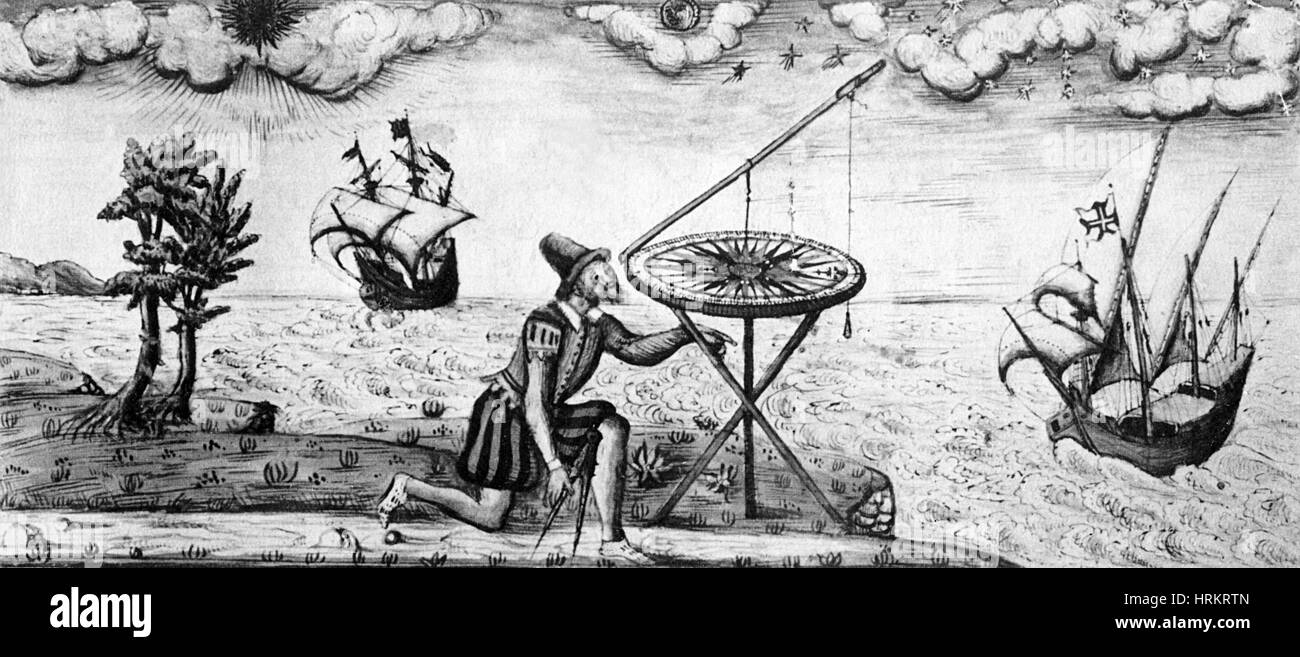 Man Using Circumferentor, 1583 Stock Photo