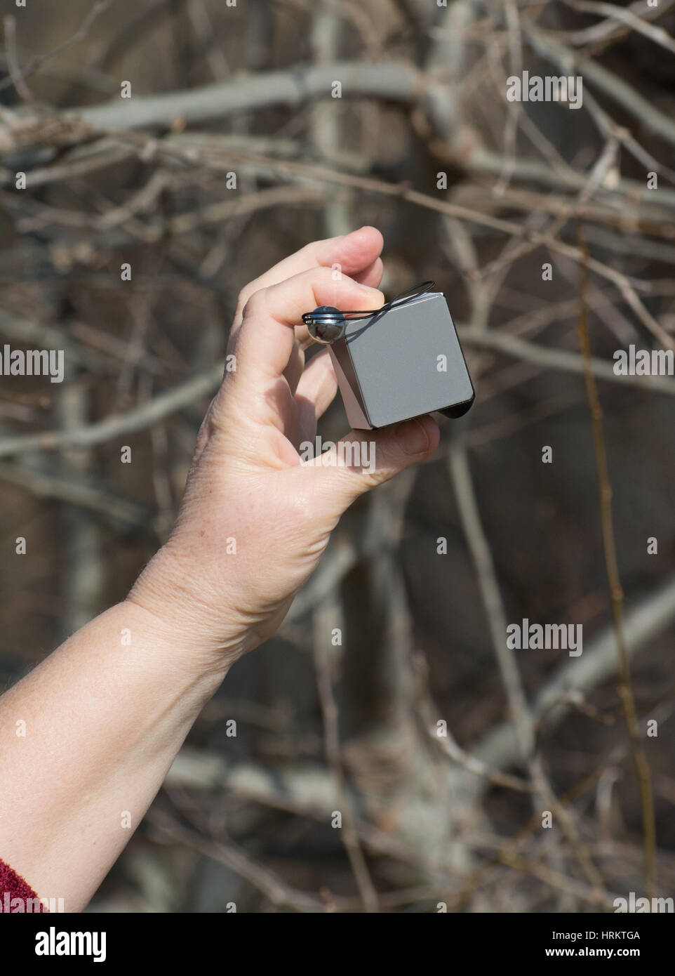 WOman hold a gray cube to calibrate a photo session Stock Photo