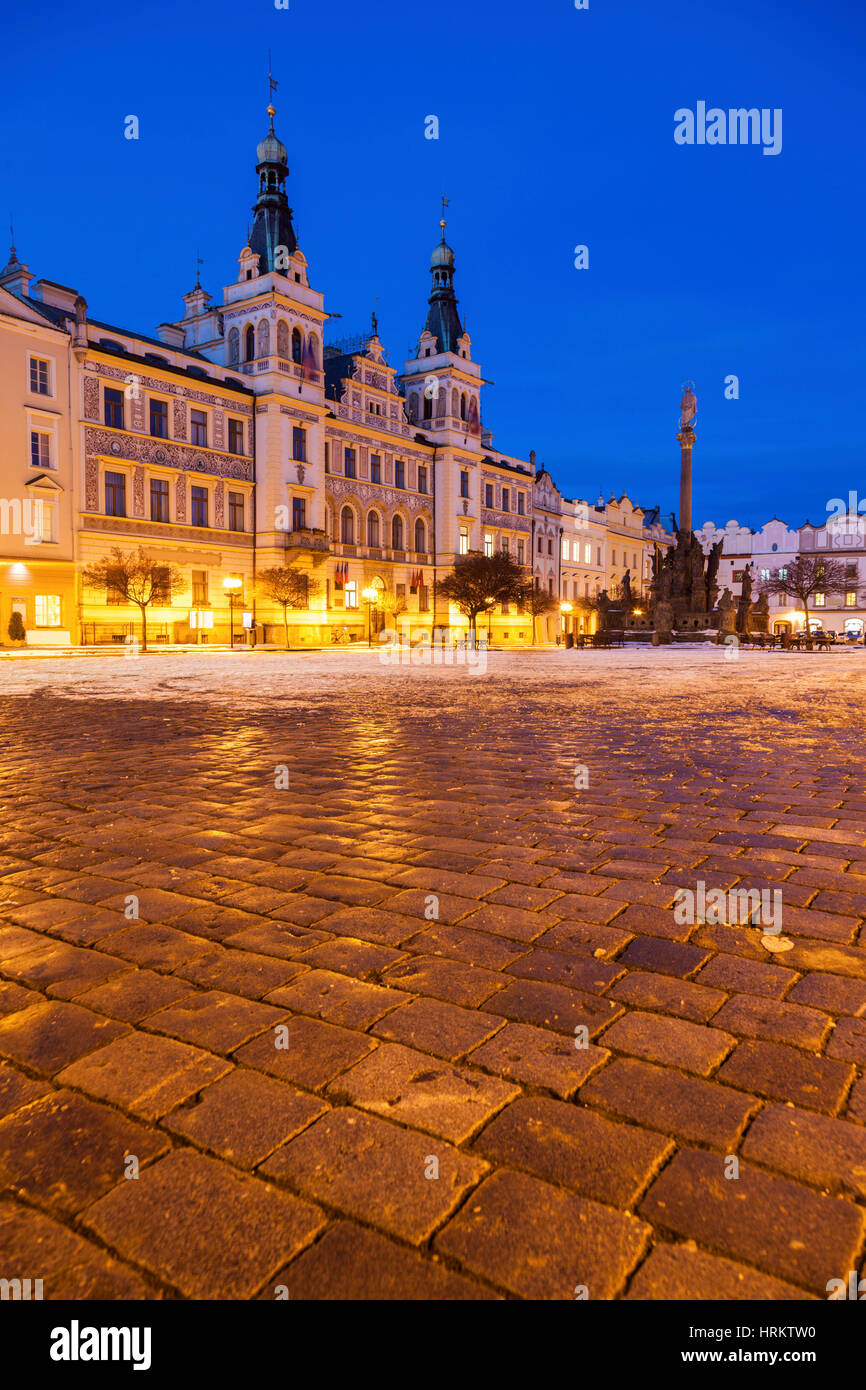City Hall and Plague Column on Pernstynske Square in Pardubice. Pardubice, Bohemia, Czech Republic. Stock Photo