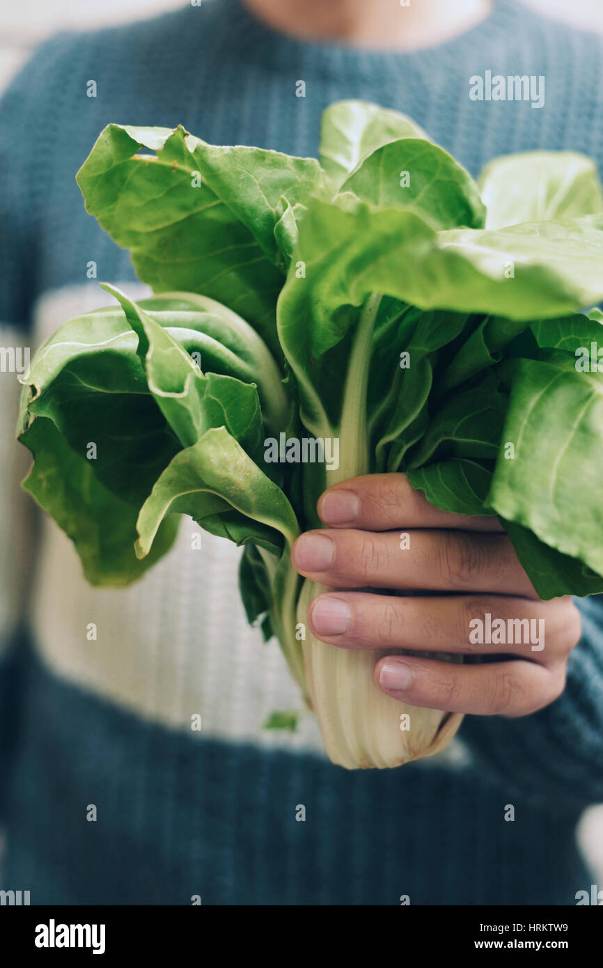 closeup of a young caucasian man holding a bunch of raw chard leaves in front of him Stock Photo