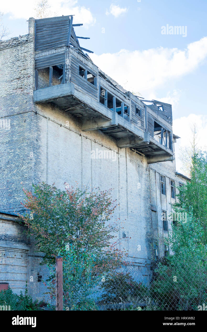 Devastation. Dangerous building Destroyed building. Woden balconies