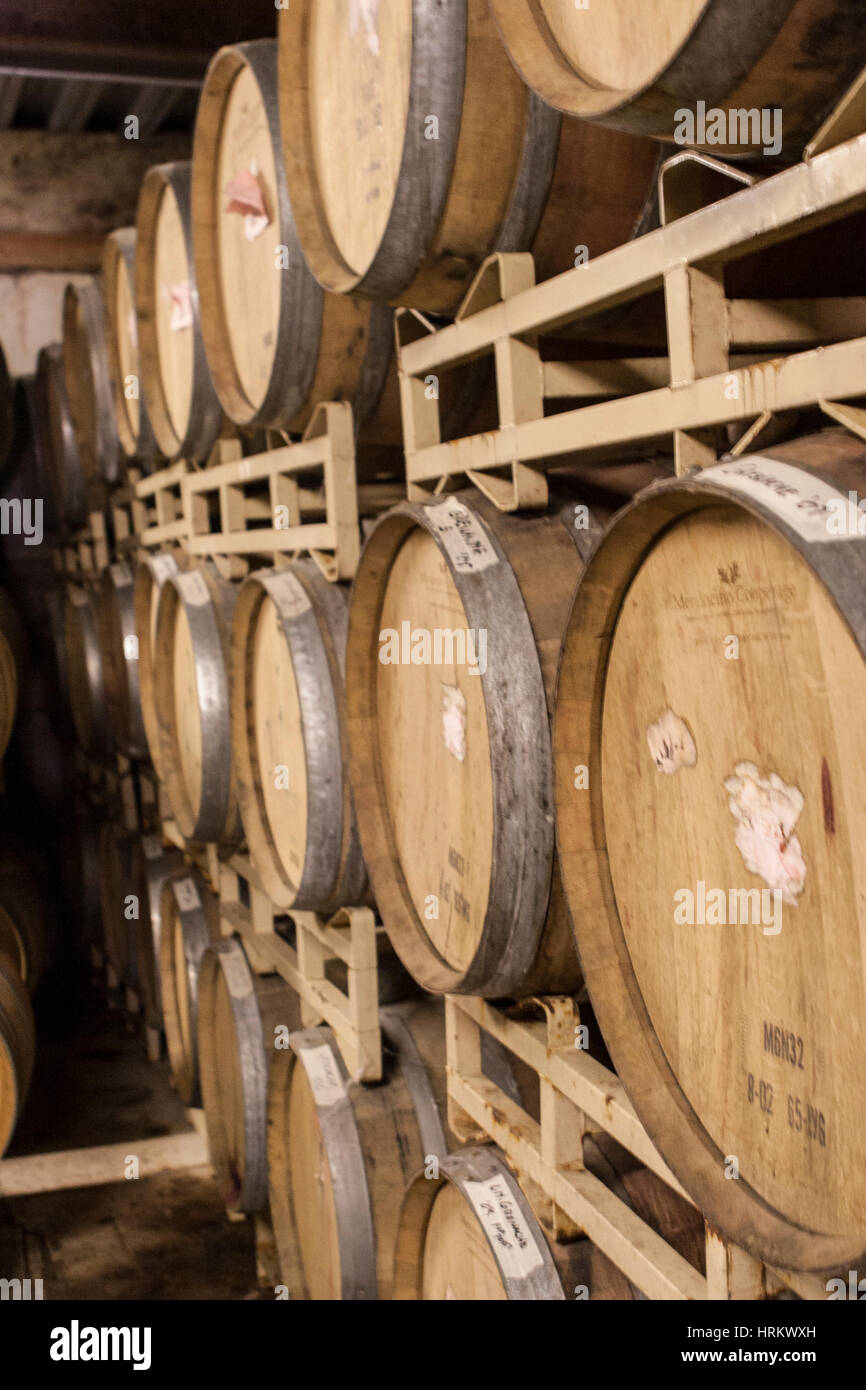 Aging Process, Winery Vats, barrels to age wine, wine barrels Stock