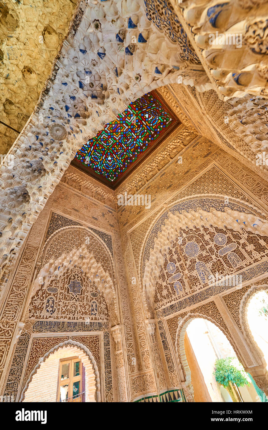 Arabesque Moorish architecture Interior of the Palacios Nazaries, Alhambra de Granada,  Granada, Andalusia, Spain, Europe Stock Photo