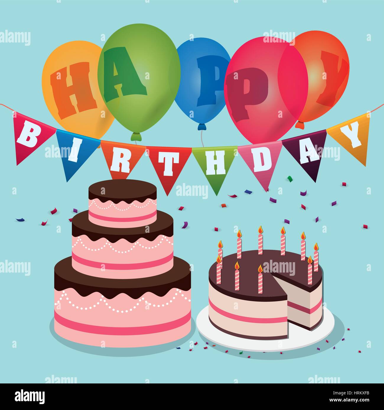 happy birthday cakes balloons garland confetti Stock Vector Image & Art