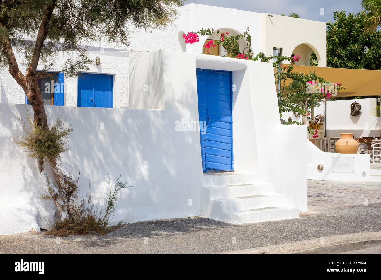 blue door of traditional greek house features - Santorini, greece Stock ...