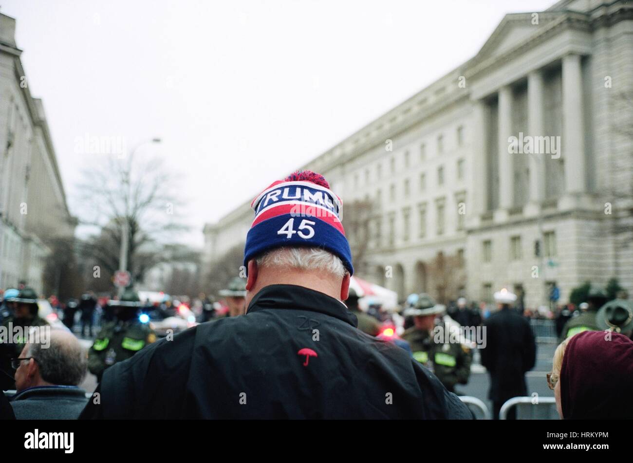 Trump supporters wait on Pennsylvania Avenue for Trump's motorcade to pass  Scenes from Washington D.C. along Pennsylvania Avenue after Donald J. Trump's inauguration as the 45th President of the United States of America. Stock Photo