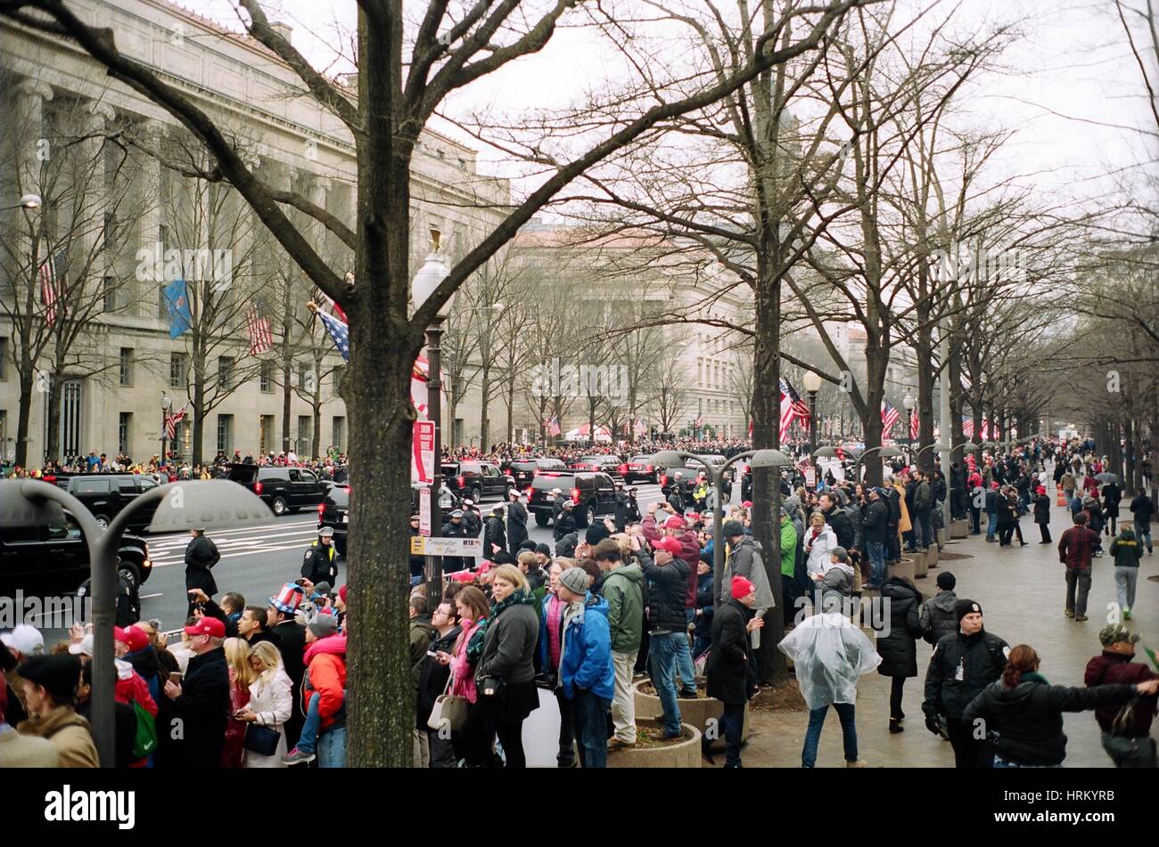 Trump supporters wait on Pennsylvania Avenue for Trump's motorcade to pass  Scenes from Washington D.C. along Pennsylvania Avenue after Donald J. Trump's inauguration as the 45th President of the United States of America. Stock Photo