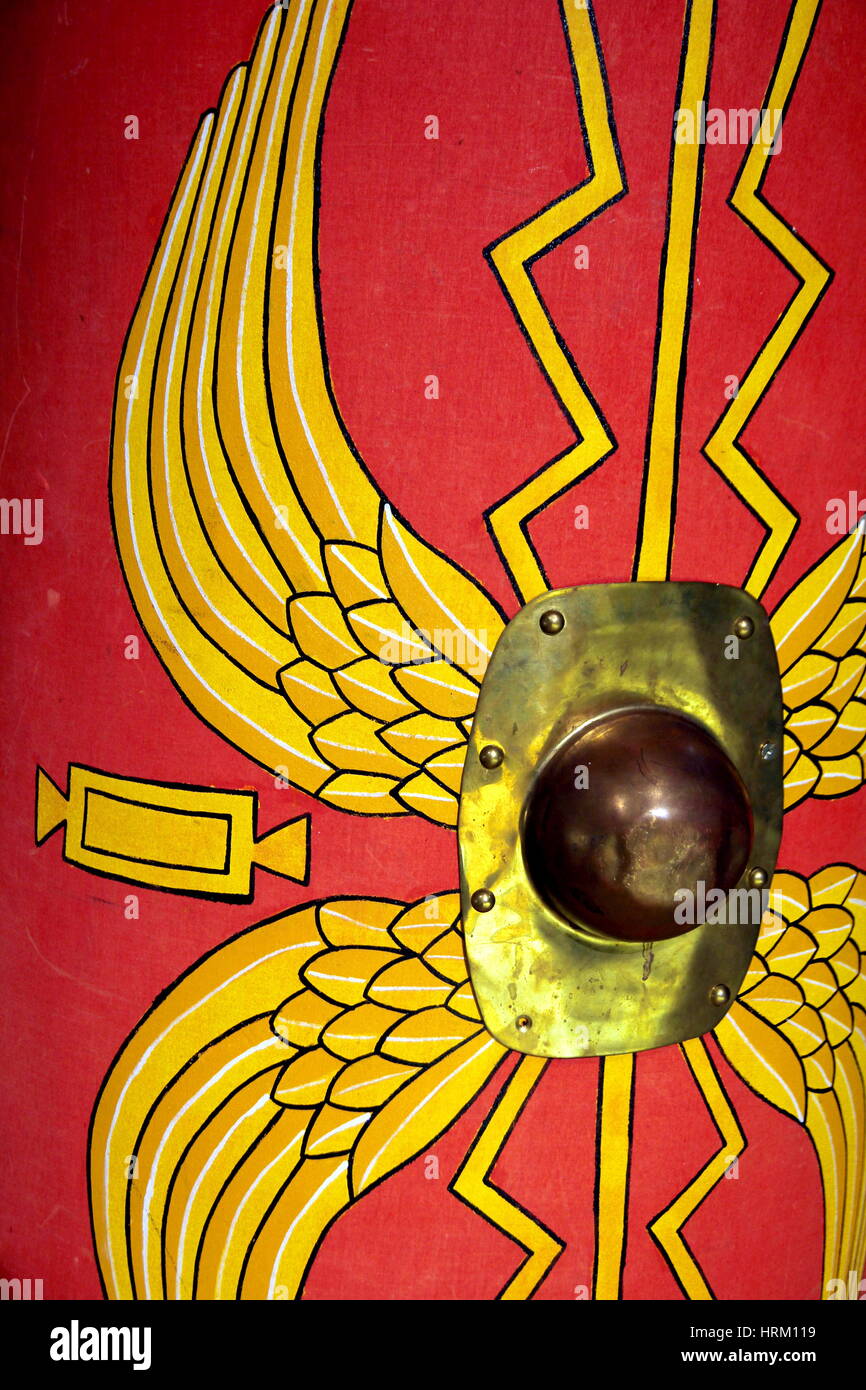 Detail of a reproduction Roman scutum shield with red and yellow wing