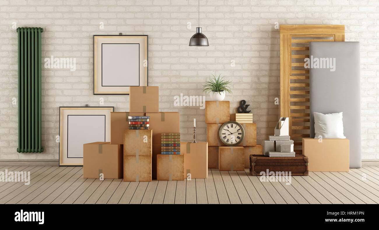 Interior moving house with cardboard boxes,bed and other objects - 3d rendering Stock Photo
