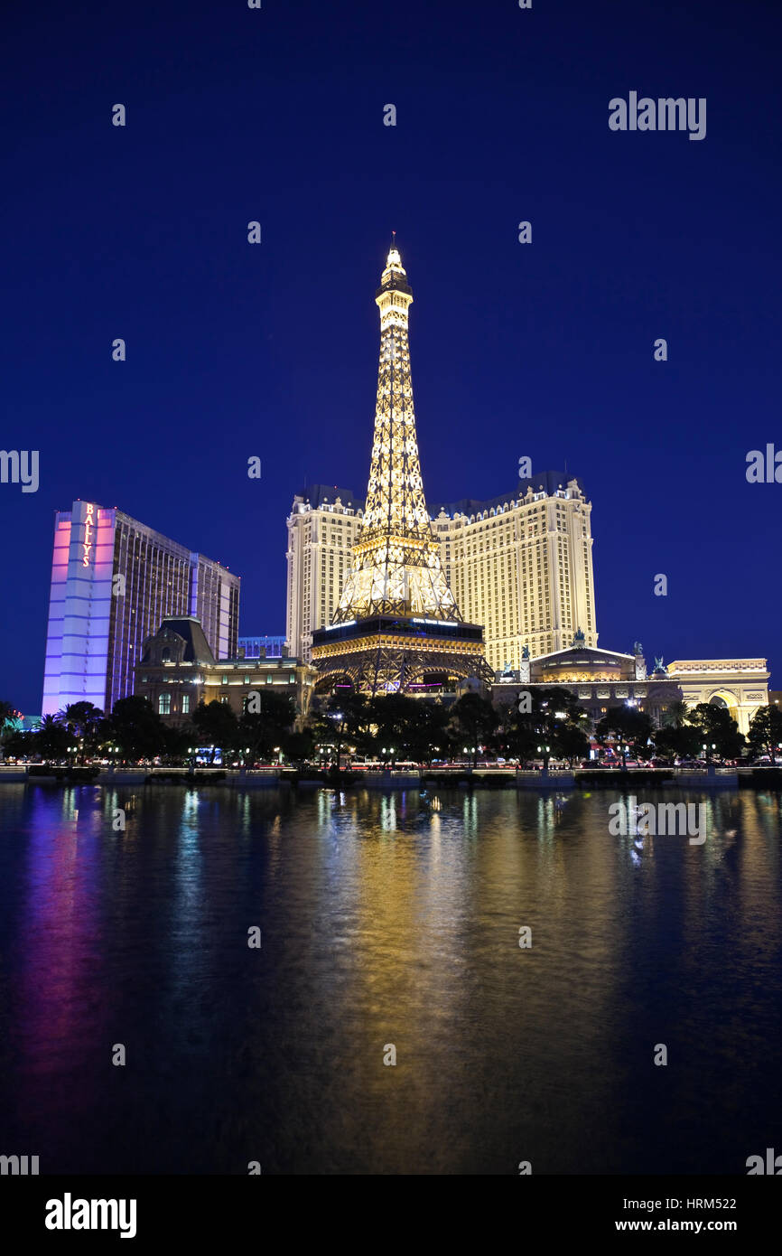 Las Vegas, Nevada, USA - October 21, 2011:  Replica of the Eiffel tower at the Paris resort on the Las Vegas strip. Stock Photo
