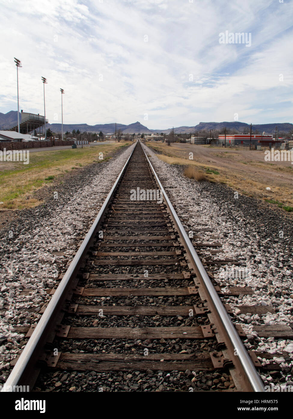 Union Pacific railroad tracks going through Alpine, West Texas. Stock Photo