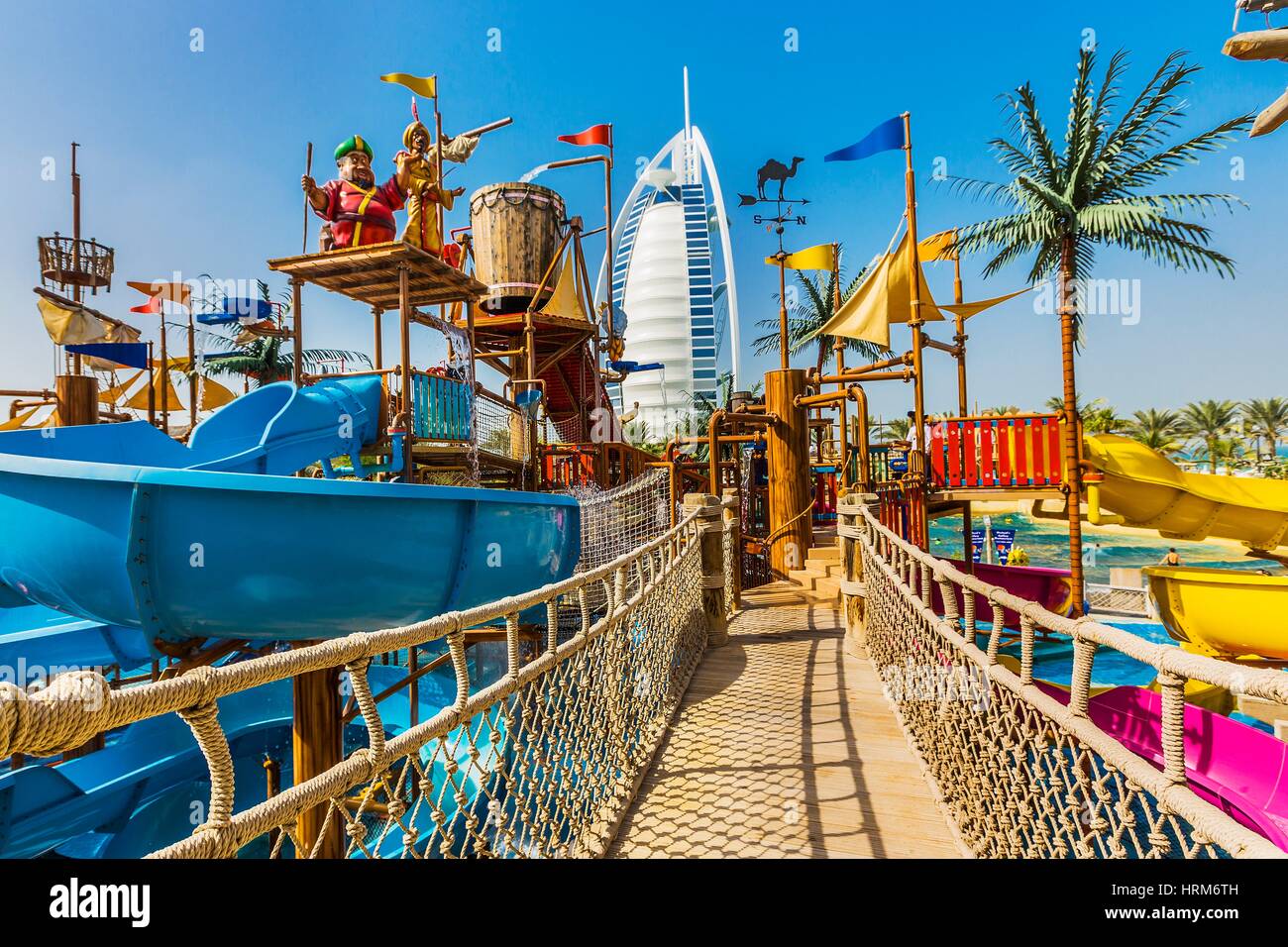 United Arab Emirates, Dubai. Wild Wadi Water Park. On the background the  Burj al Arab Stock Photo - Alamy