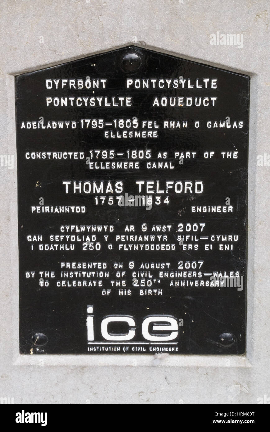 A plaque displayed on the Pontcysyllte aqueduct to commemorate the 250th anniversary of the Thomas Telford's birth in 1757 Stock Photo
