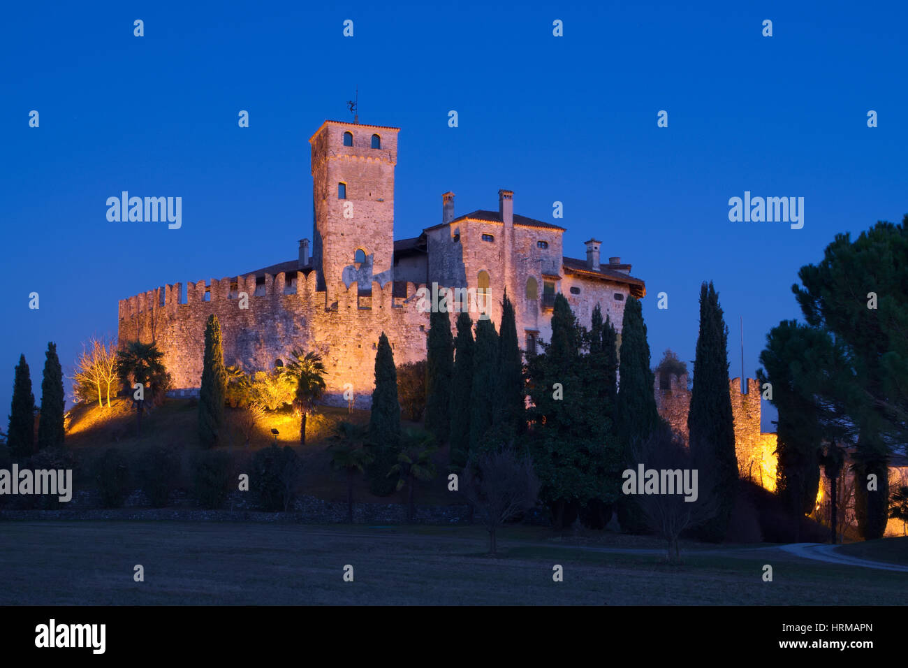 Castle of Villalta, Fagagna, Friuli, Italy, at the bluehour after the sunset Stock Photo