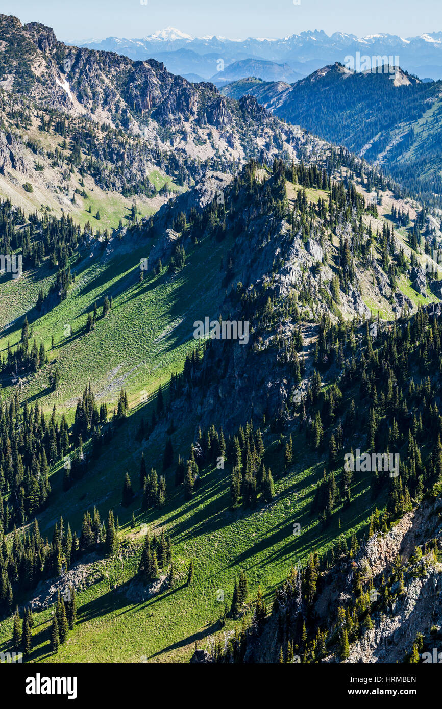 Looking down on the mountains below Dege Peak in Mt Rainer National Park, Washington, USA. Mt Stuart and the Cascade range can be seen in the distance Stock Photo