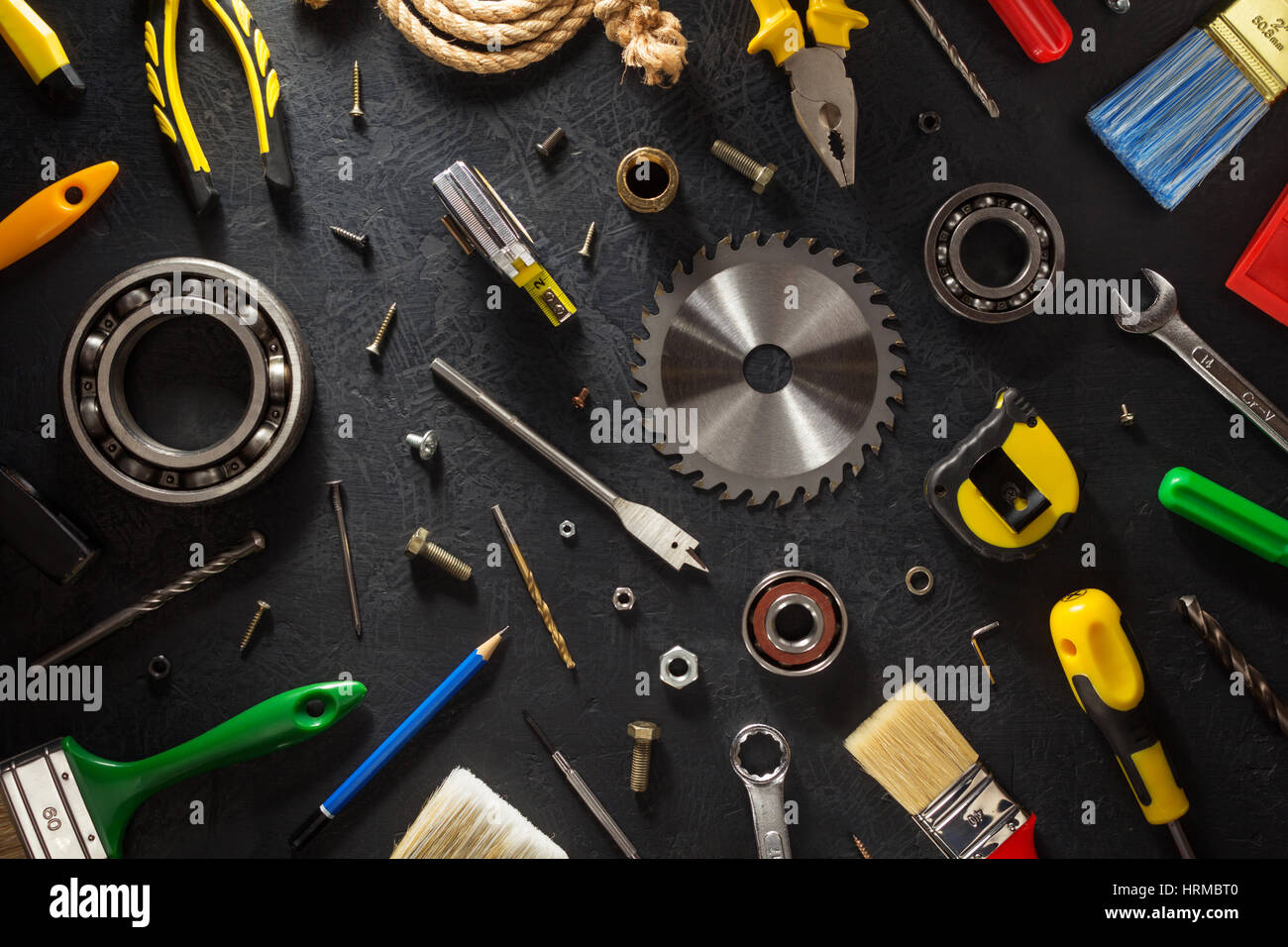 tools and instruments on black background Stock Photo - Alamy