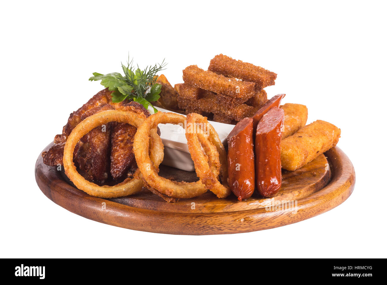 Deep Fried Onion Rings, Cheese Balls, Potato Chips, Bacon Chips and Tar