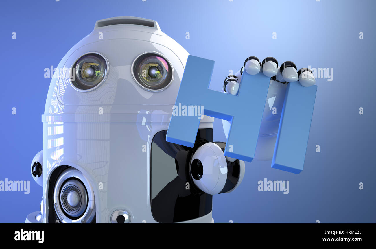 Robot holding HI sign. Technology concept. 3d Illustration Stock Photo ...
