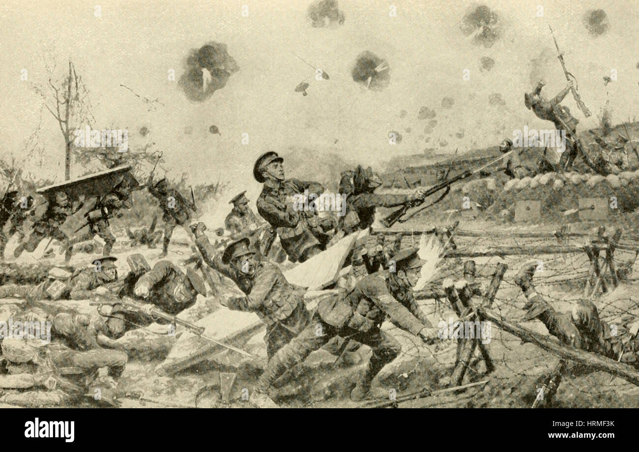 Charging through barbed wire entanglements in World War I Stock Photo