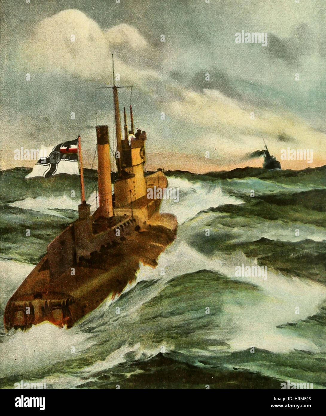 Merciless Monster of the Deep - WWI German submarine sighting it's prey Stock Photo