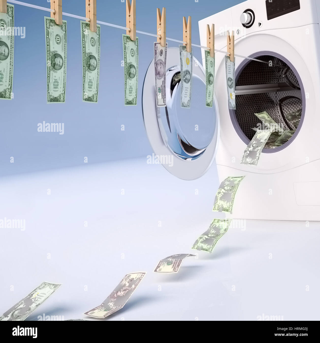 Concept of money laundering, money hanging on a rope coming out of the washing machine, money