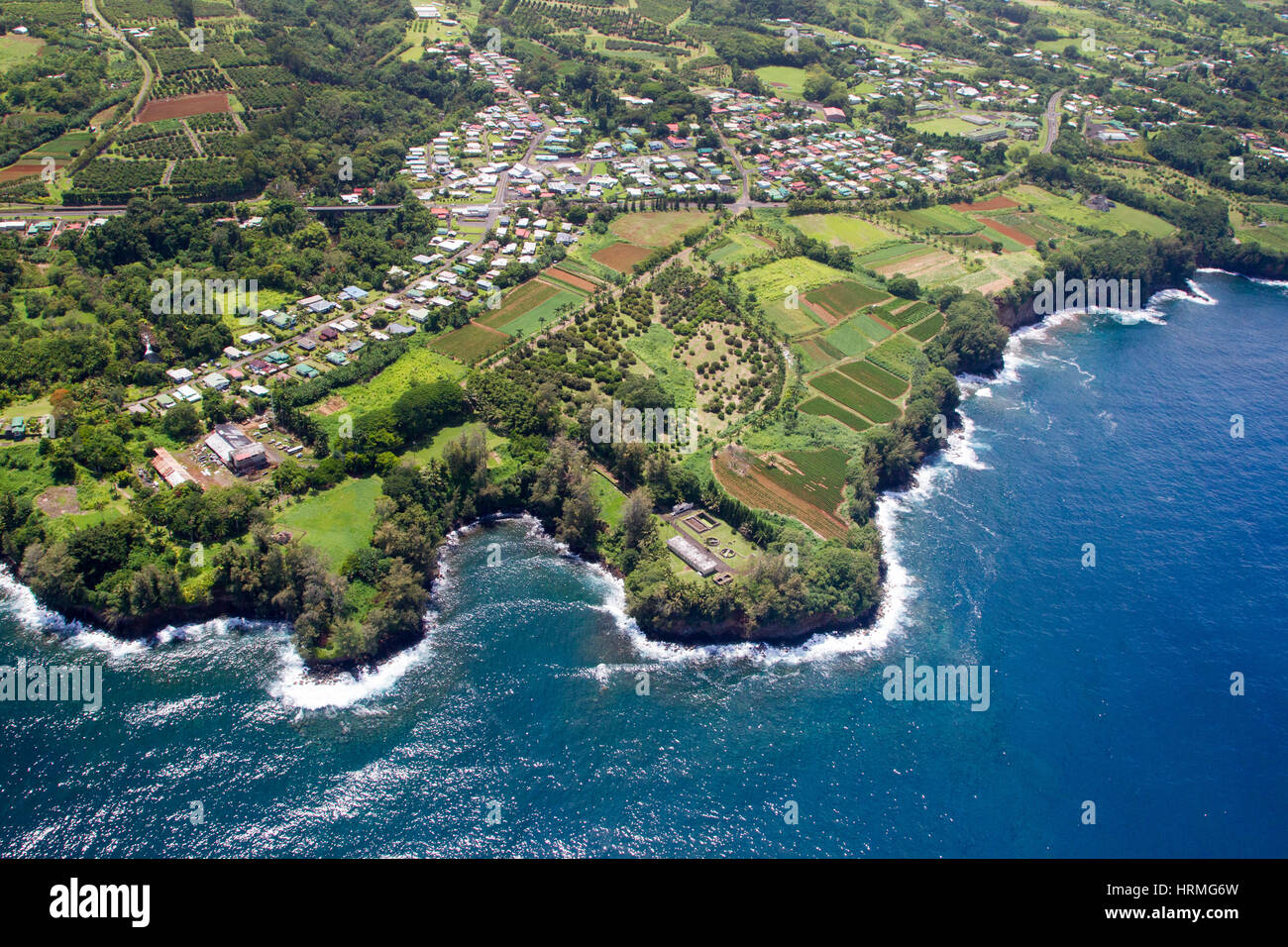 Aerial view of the little town Papaikou north of Hilo on Big Island, Hawaii, USA. Stock Photo
