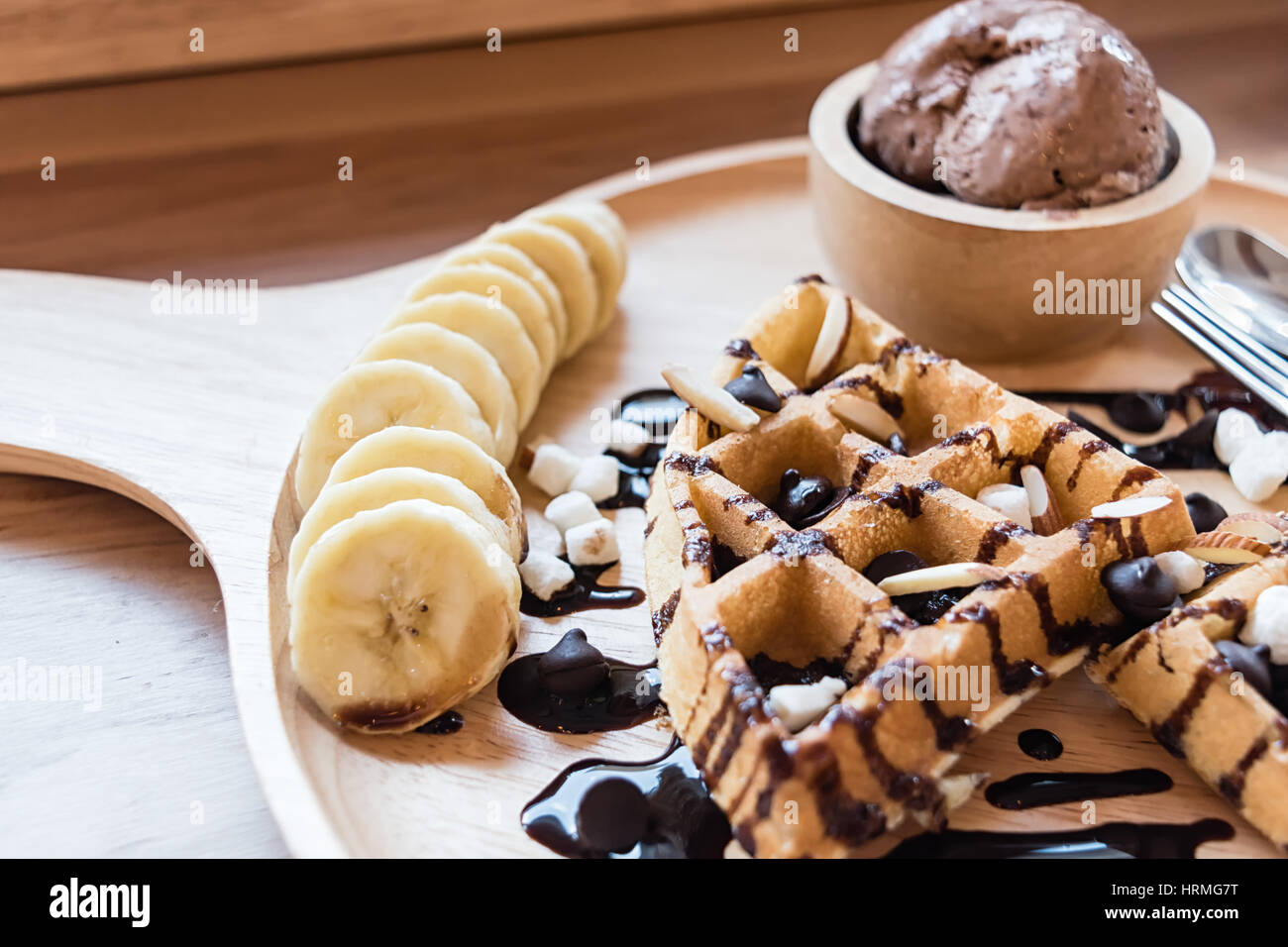delicious sweet dessert : homemade waffle with chocolate sauce ...