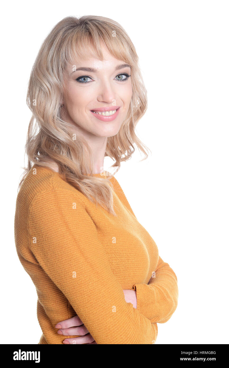 Portrait of a beautiful young girl on a white background Stock Photo ...
