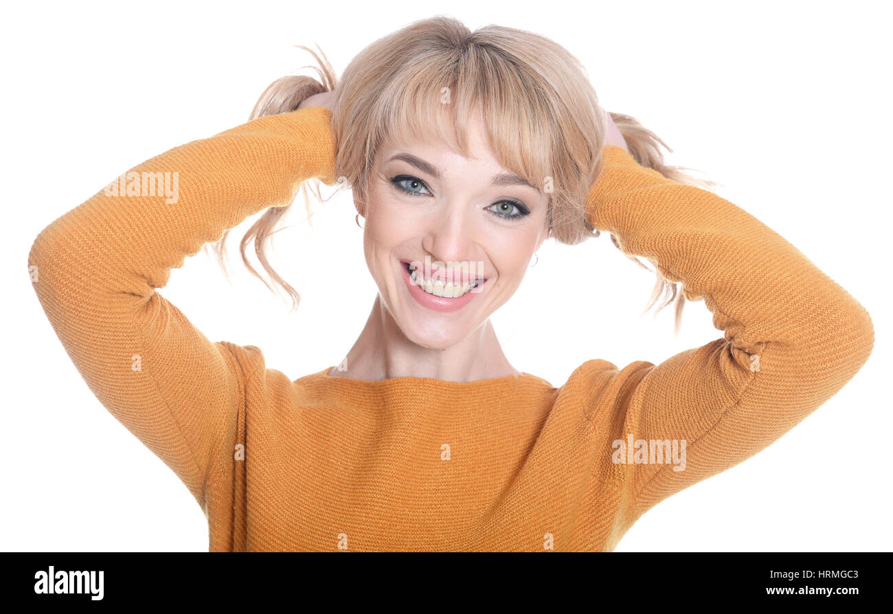 Portrait of a beautiful young girl on a white background Stock Photo ...