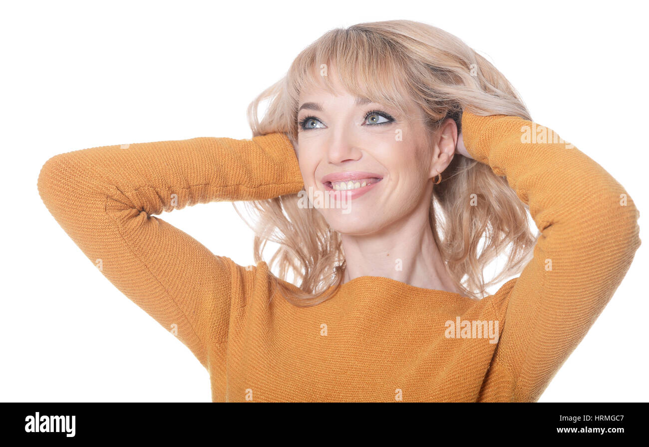Portrait of a beautiful young girl on a white background Stock Photo ...