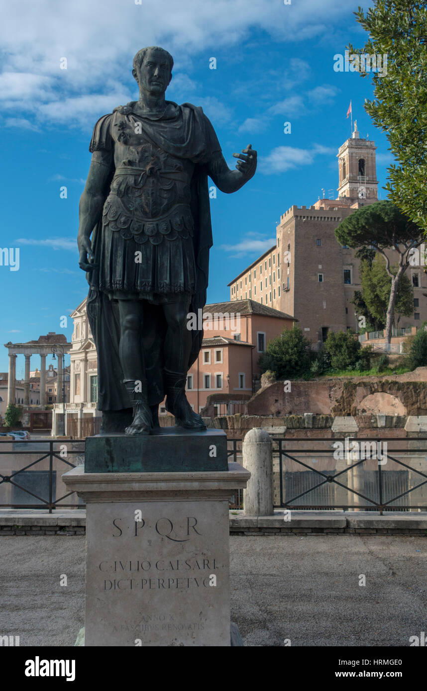 Statue of Gaius Julius Caesar, dictator of Ancient Rome in 44 BC, in front of his forum along the Via dei Fori Imperiali in Rome, Italy Stock Photo