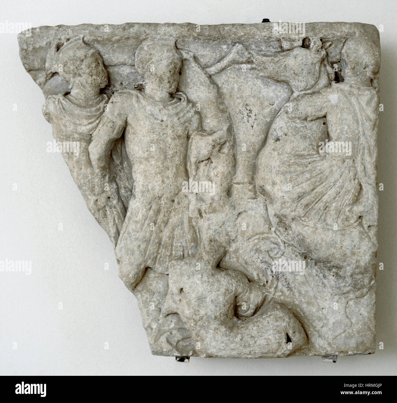 Fragment of sarcophagus with battle scene. National Archaeological Museum. Tarragona. Catalonia, Spain. Stock Photo