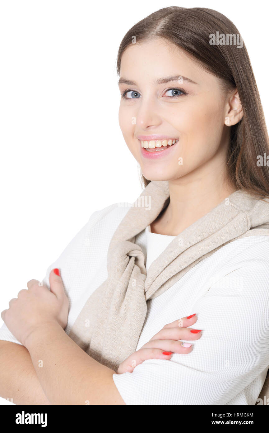 Portrait of a beautiful young girl on a white background Stock Photo ...