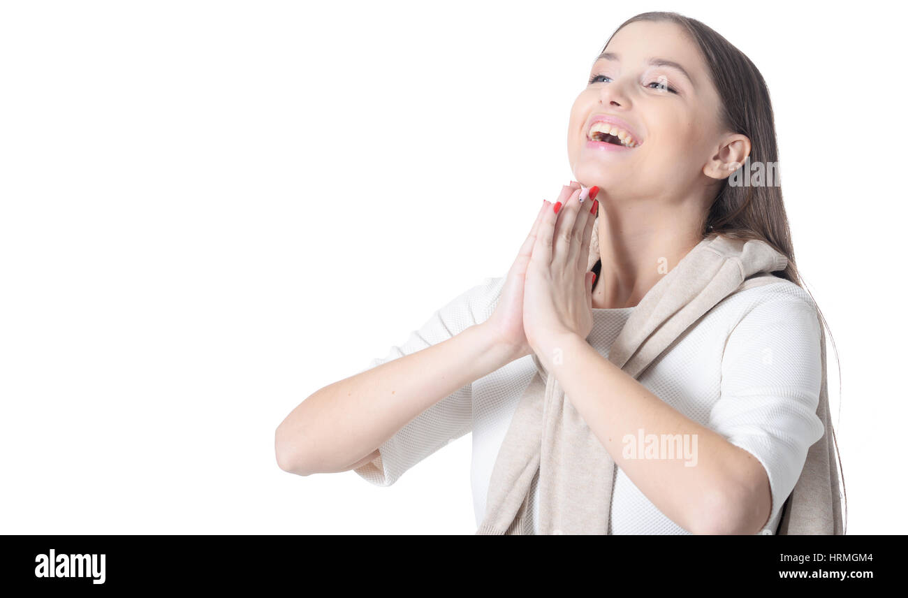 Portrait of a beautiful young girl on a white background Stock Photo ...