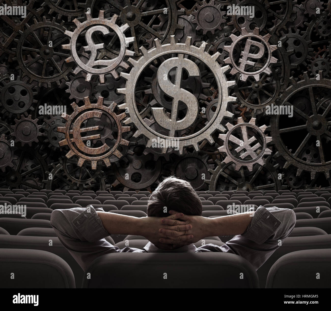 trader or broker looking on main currencies working gears 3d illustration Stock Photo