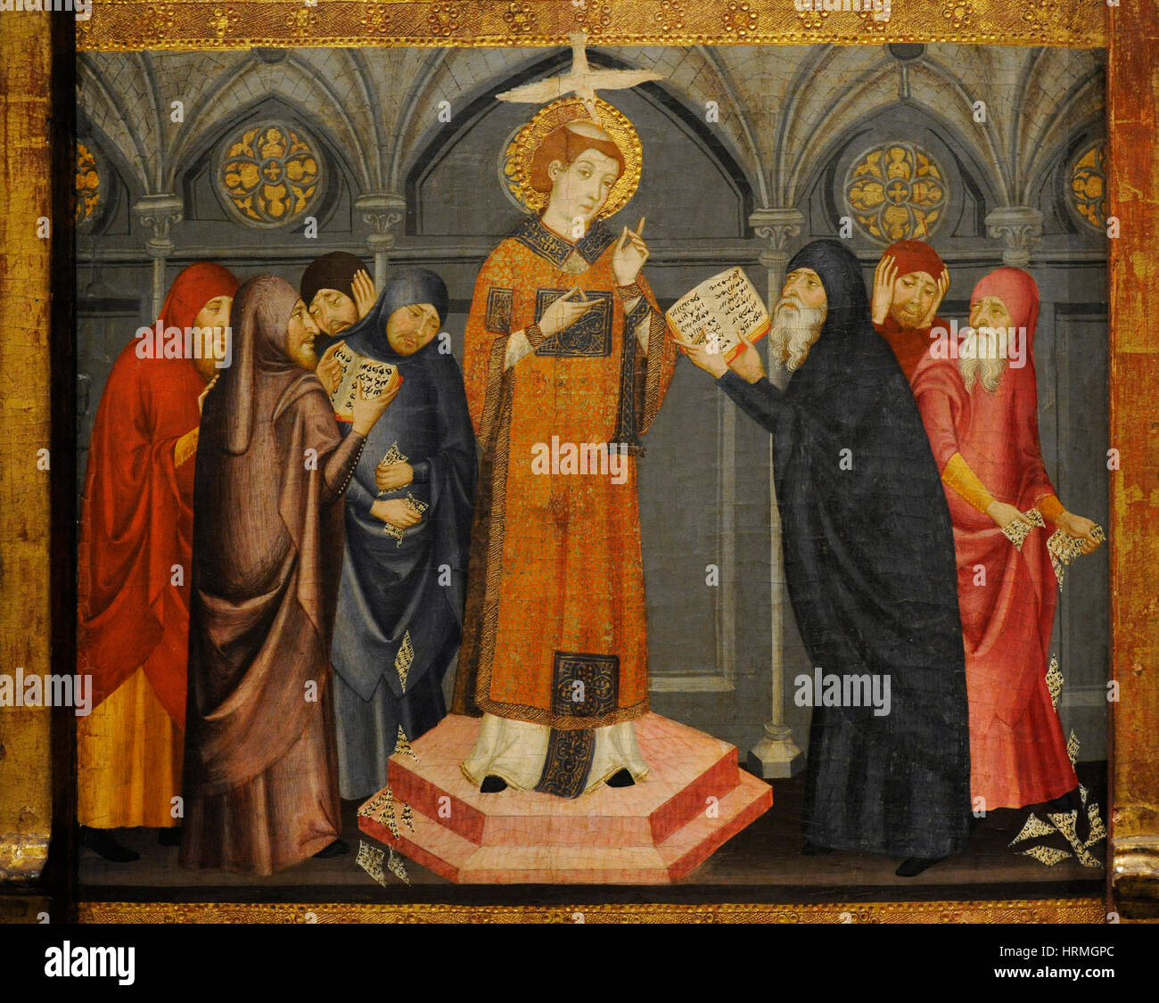 Jaume Serra (active in Barcelona 1358-1389/1395). Spanish painter. Altarpiece of Saint Stephen, ca. 1385. Detail depicting Saint Stephen in the Synagogue. From the Monastery of Santa Maria de Gualter, Catalonia. National Art Museum of Catalonia. Barcelona. Catalonia. Spain. Stock Photo