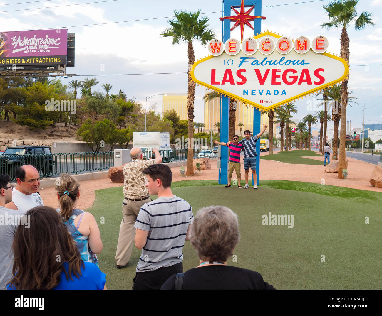 Crowds of tourists are gathering at the 'Welcome to Fabulous Las Vegas' sign, famous landmark at the end of the Las Vegas Boulevard and entry point to Stock Photo
