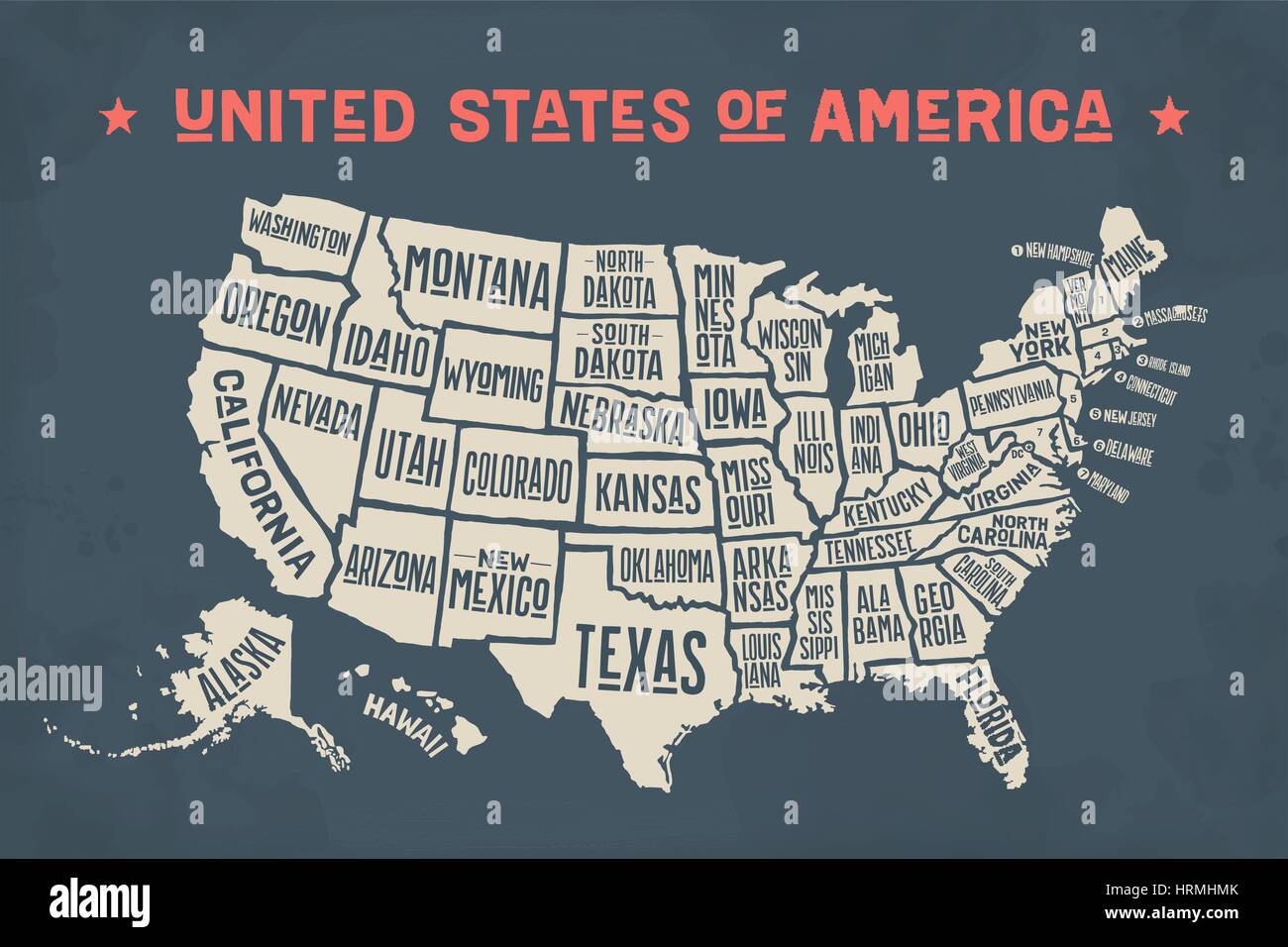 Poster Map United States Of America With State Names Stock Vector Image