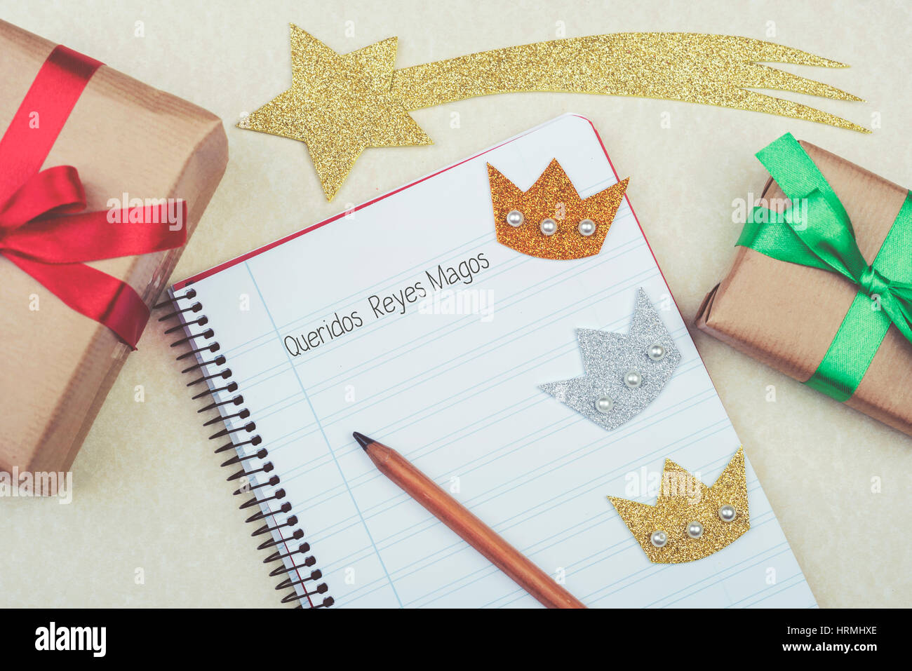Letter to the three kings of orient. Dear wise men written in Spanish Stock Photo