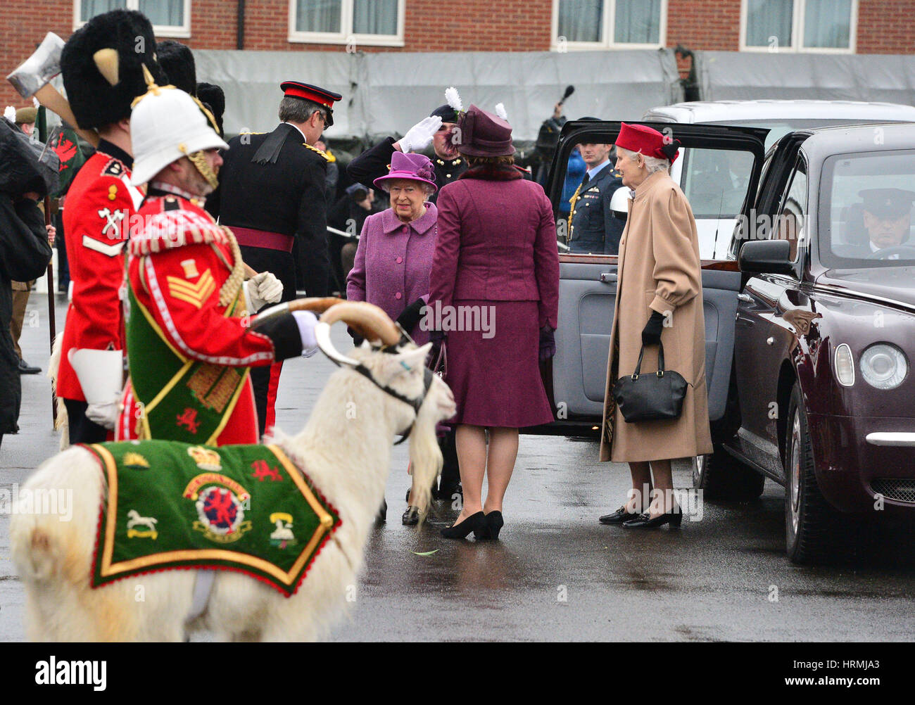 Queen Elizabeth II arrives at Lucknow Barracks in Tidworth, Wiltshire, where she will present leeks to soldiers from The Royal Welsh Regiment to mark St David's Day. Stock Photo