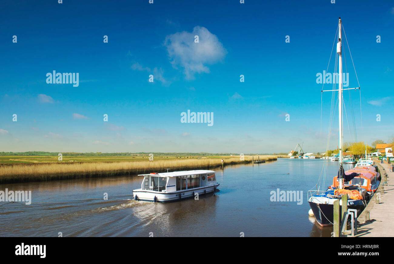 Broads cruiser on the river yare at Reedham in the Norfolk Broads national park at summer Stock Photo