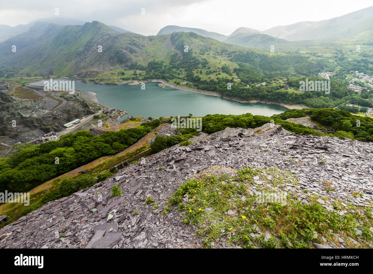 View from upper Dinorwig Slate Quarry over Llyn Padarn, Llanberis and the Nant Peris pass. Stock Photo