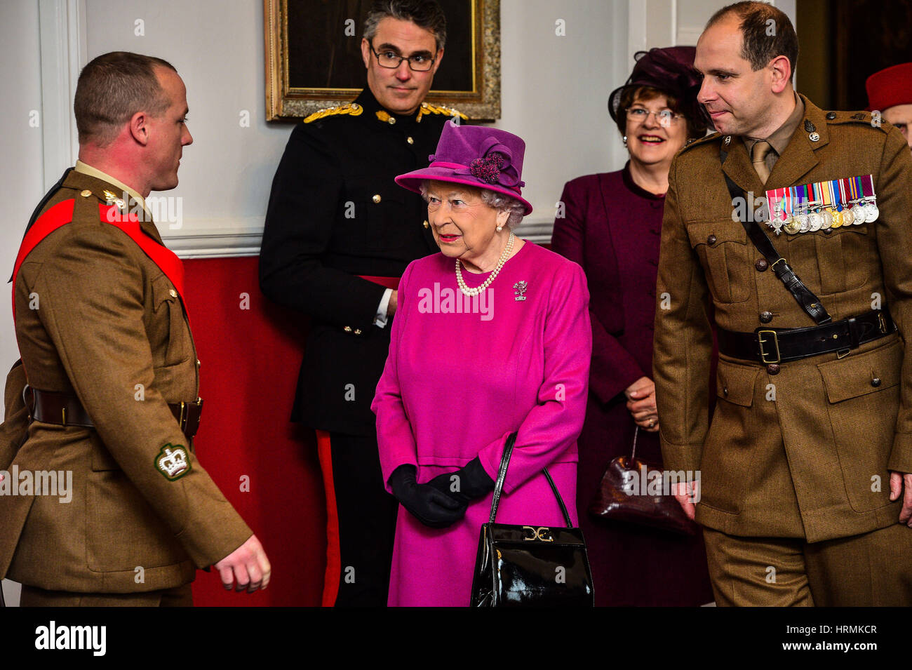 Queen Elizabeth II speaks to soldiers from the Royal Welsh Regiment at Lucknow Barracks in Tidworth, Wiltshire, during a visit to mark St David's Day. Stock Photo