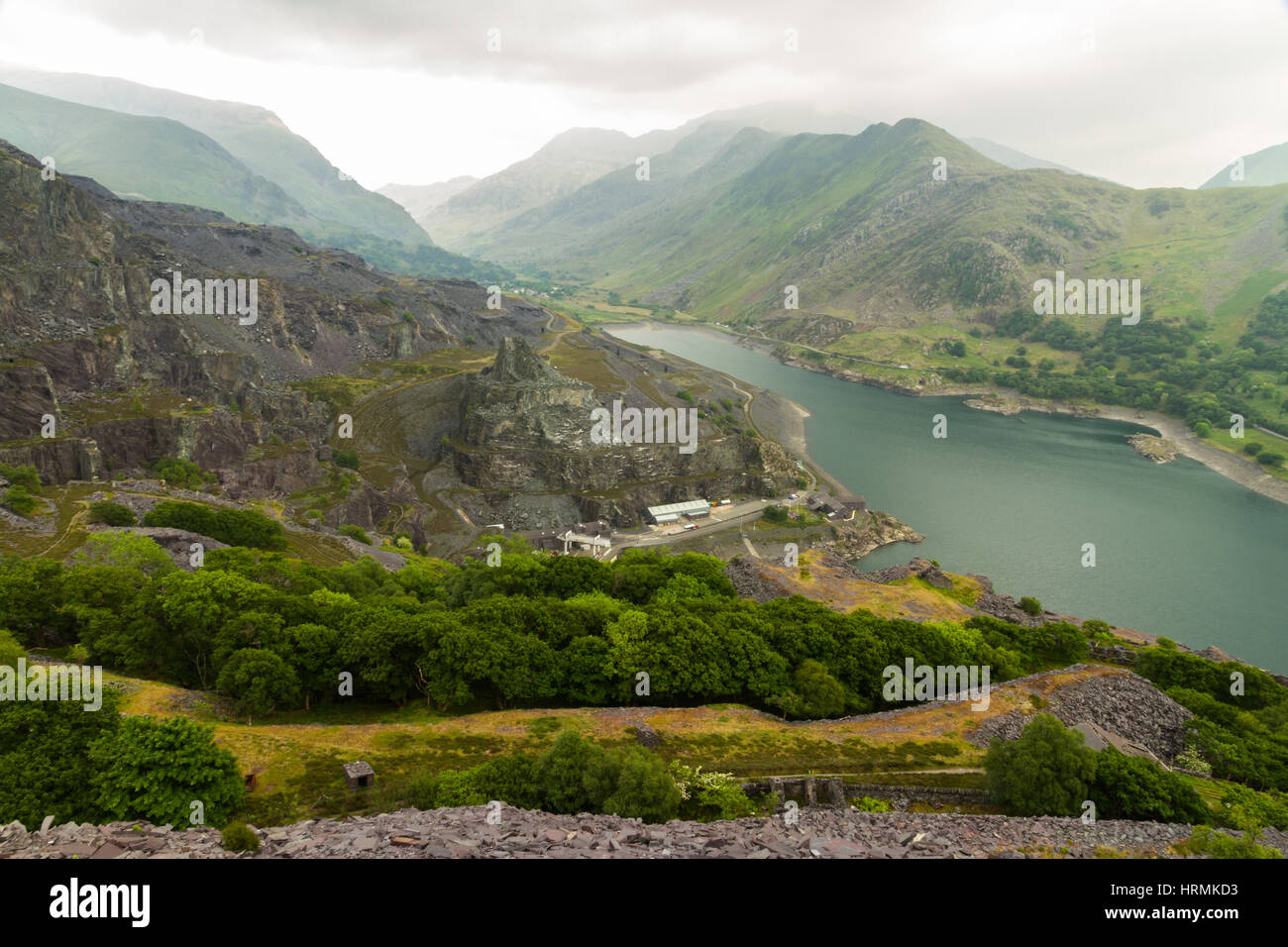 View from upper Dinorwig Slate Quarry over Llyn Padarn, Llanberis and the Nant Peris pass. Stock Photo