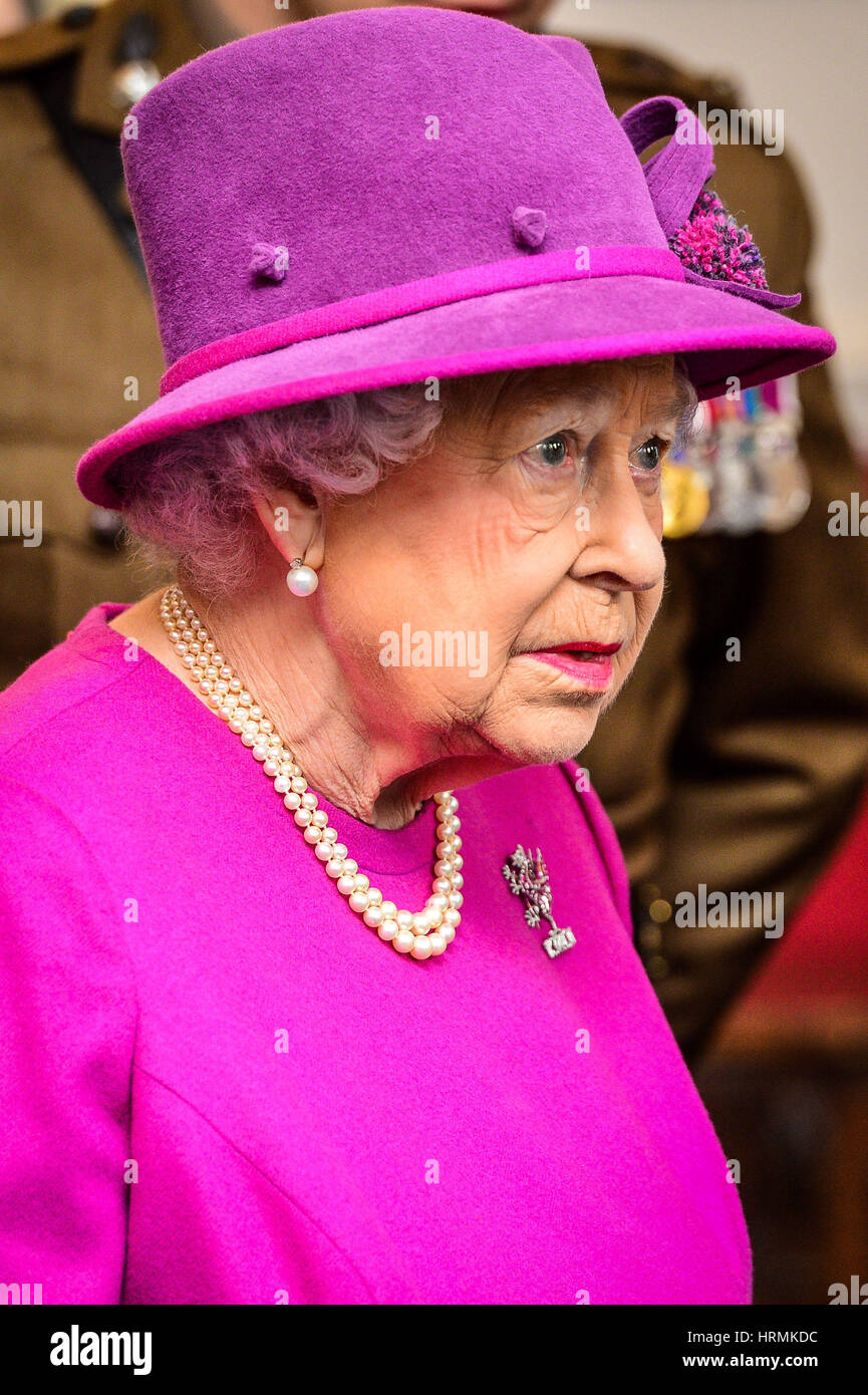 Queen Elizabeth II at Lucknow Barracks in Tidworth, Wiltshire, during a visit to the Royal Welsh Regiment to mark St David's Day. Stock Photo