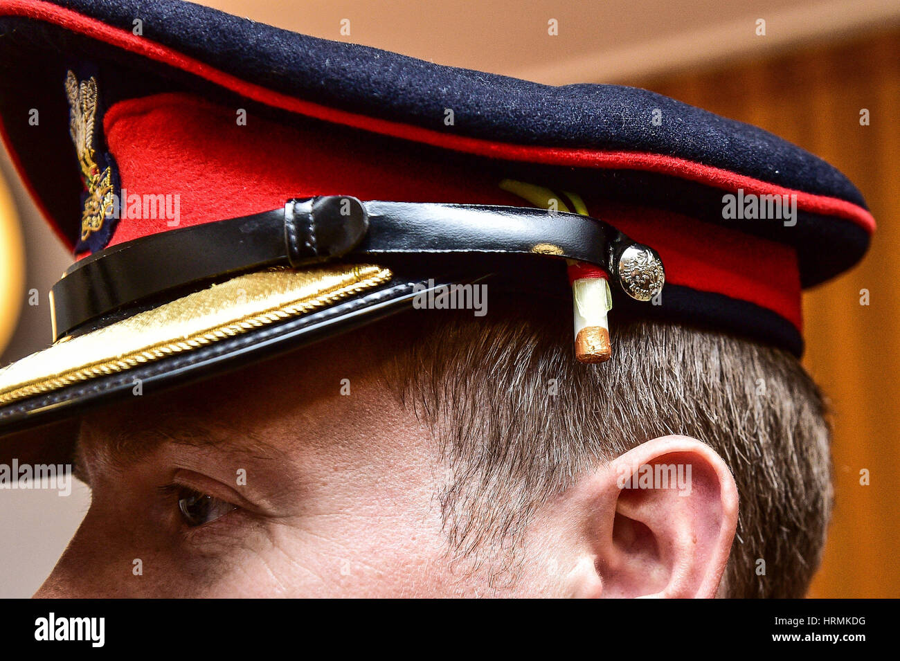 A leek (seen fitted into a cap) similar to the ones presented by Queen Elizabeth II to soldiers from the Royal Welsh Regiment at Lucknow Barracks in Tidworth, Wiltshire, during a visit to mark St David's Day. Stock Photo