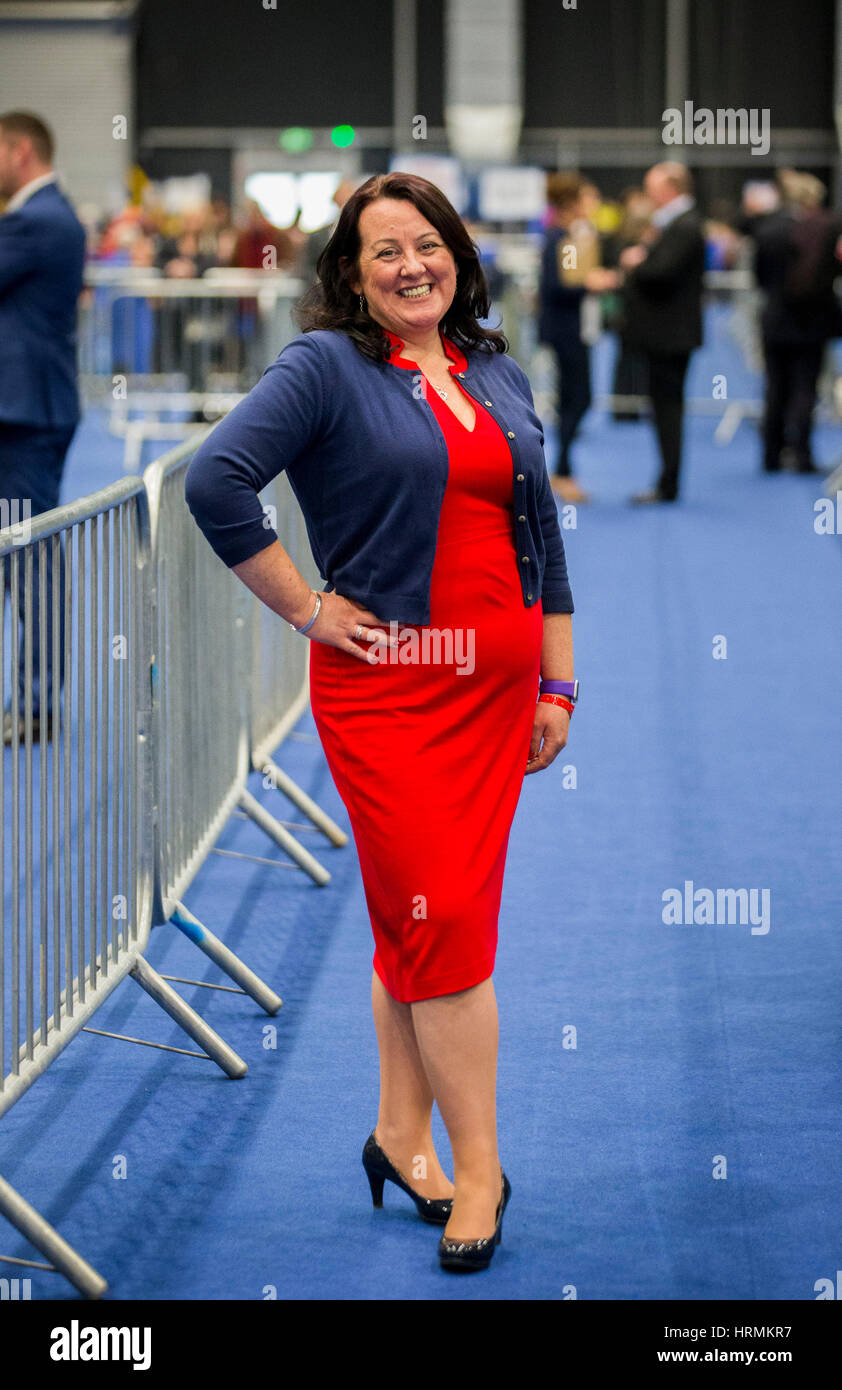 DUP candidate Paula Bradley at the Titanic Exhibition Centre, Belfast, during the 2017 Northern Ireland Assembly Election count. Stock Photo